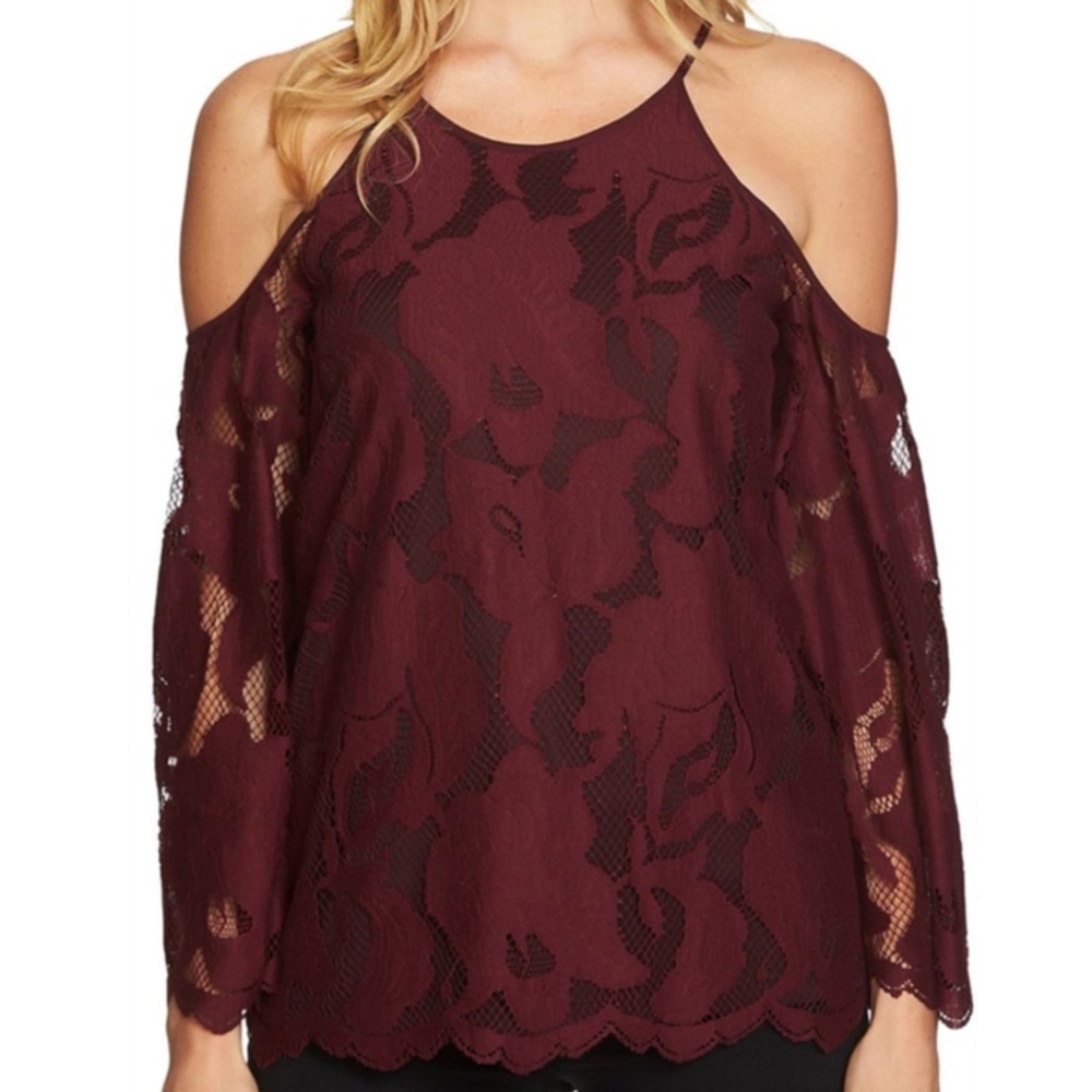 1. State Size Small Maroon Lace Cold Shoulder Top